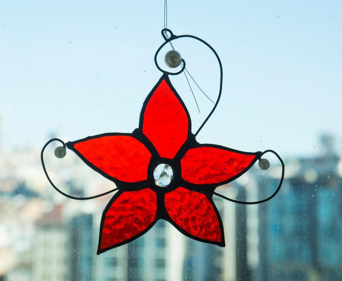 Markakanvas Kırmızı Yıldız Çiçeği Cam Vitray 16x16cm
