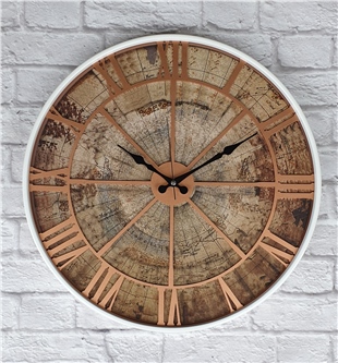Markakanvas Beyaz Metal Kasalı Eski Dünya Haritalı Duvar Saati (Çap 50 cm - Çap 80 cm )