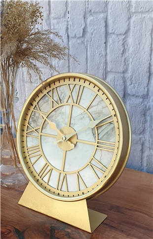 Markakanvas Metal Kasalı (Altın -Gold Renkli) Mermer Desenli  Masa ,Konsol Saati